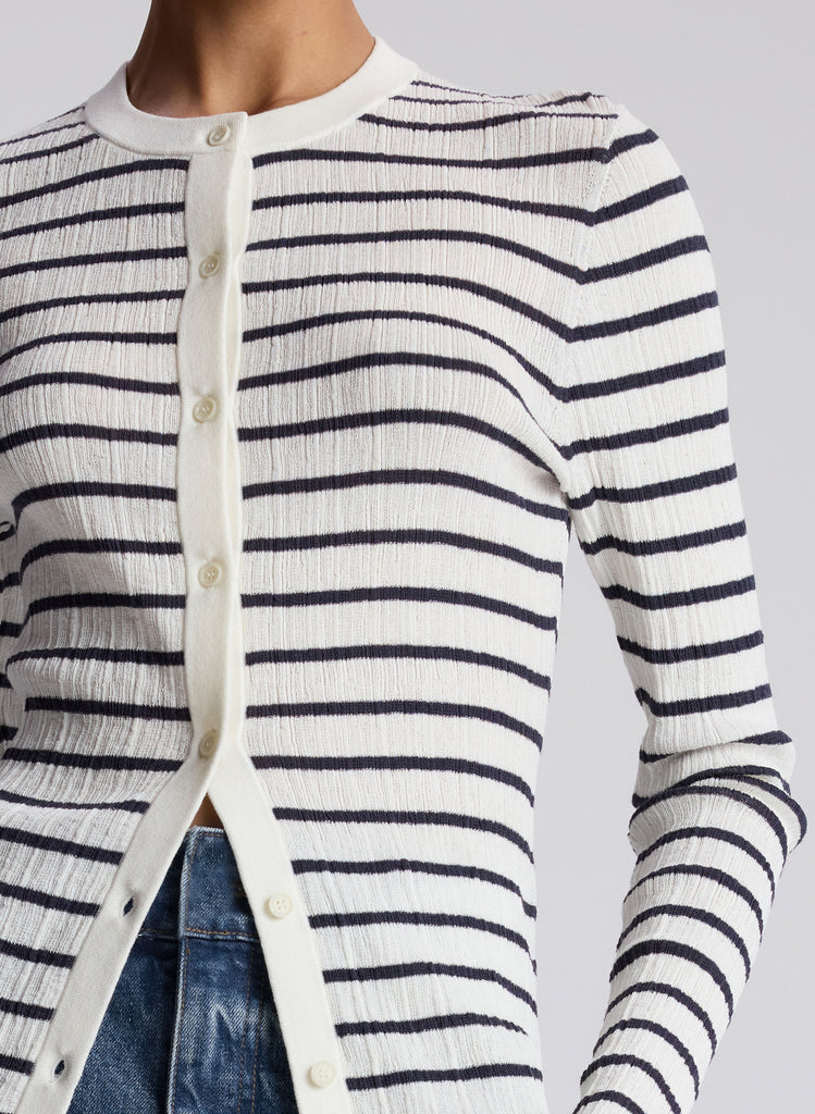 Blue shops white striped cardigan