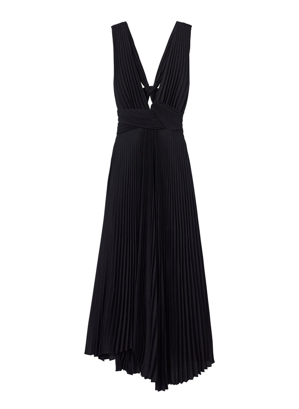 flatlay of black pleated midi dress