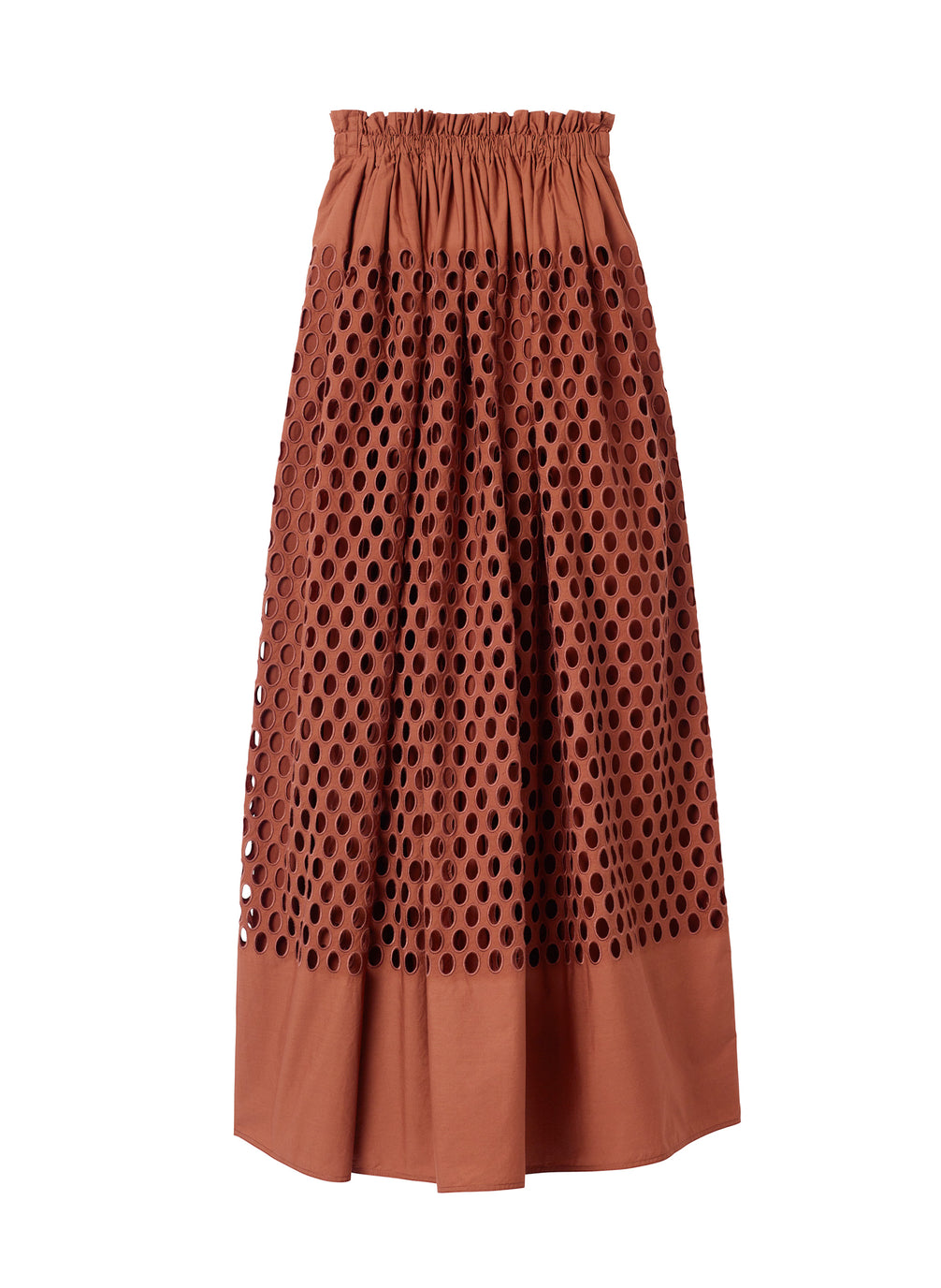 flatlay of brown maxi skirt