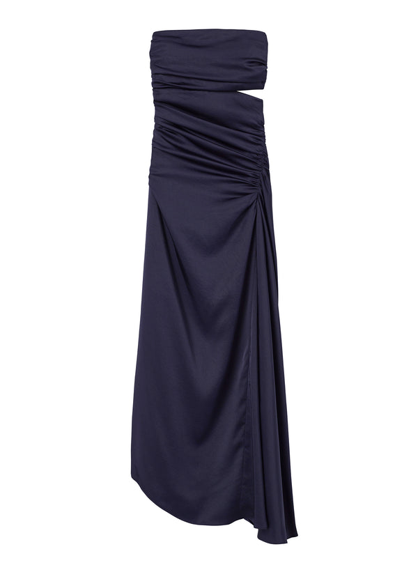 flatlay of navy blue strapless dress