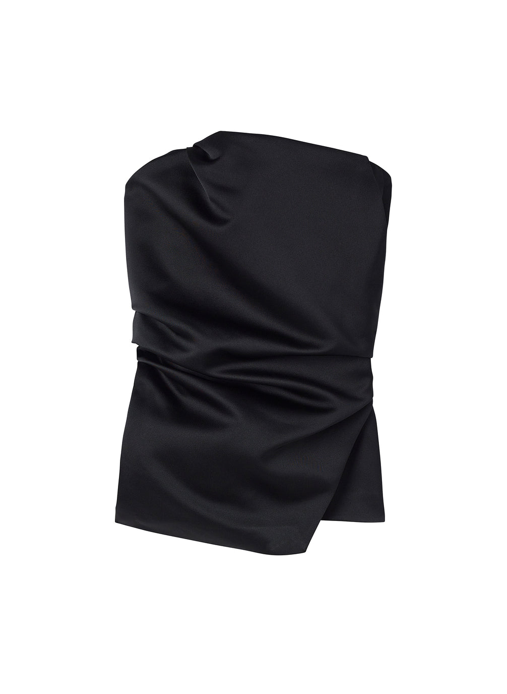 flatlay of black satin strapless top