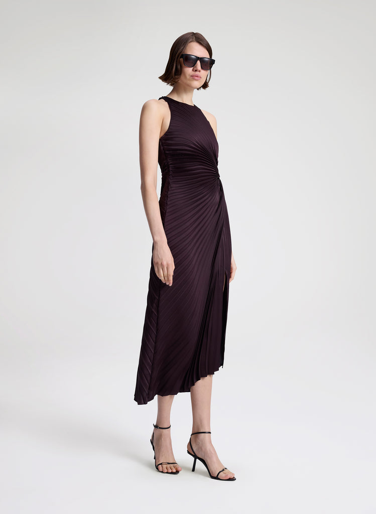 alc gemini pleated midi dress A.L.C. Women's Reagan Satin Pleated Midi Dress in Deep Plum, Size 0
