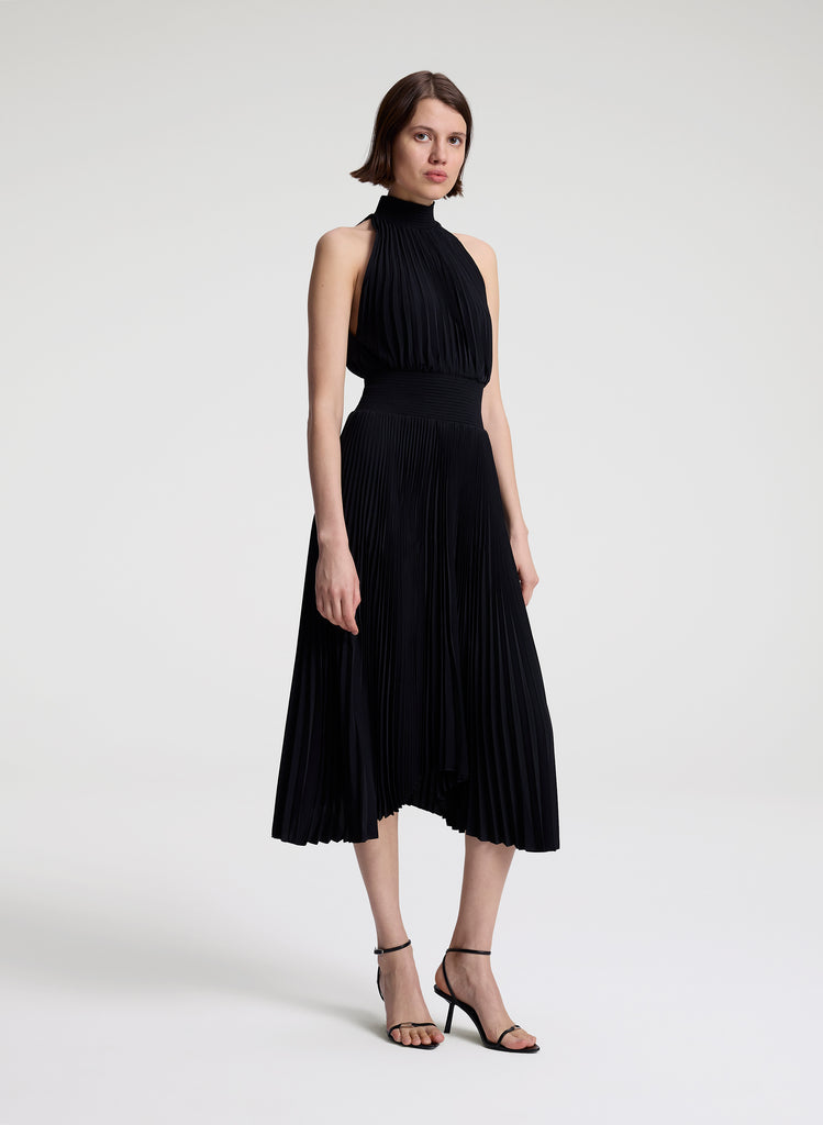 black linen dress mini A.L.C. Renzo Pleated Halter Dress