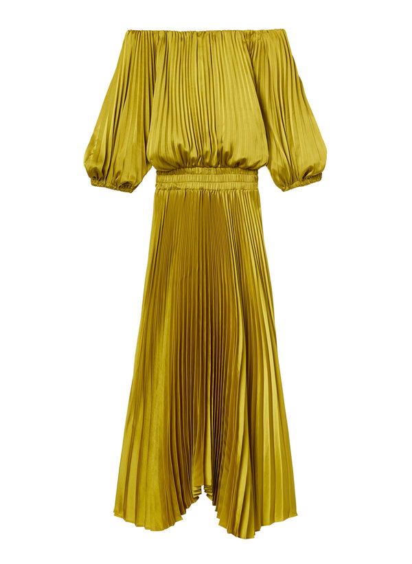 flatlay of of yellow off shoulder pleated midi dress