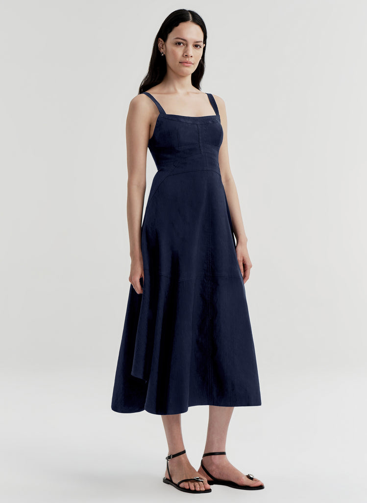 house of harlow navy blue dress A.L.C. Women's Harlow Linen Midi Dress in Navy, Size 10