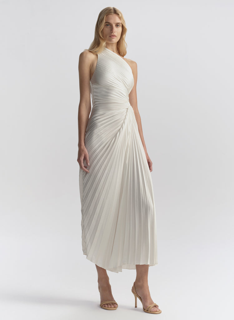 A.L.C. Lara Satin Pleated Midi Dress in Whisper White, Size 6