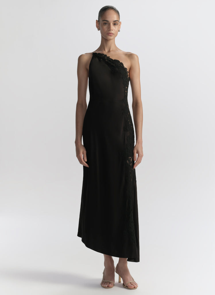 A.L.C. Women's Lou Satin and Lace Midi Dress in Black/Black, Size 0 A.L.C. Women's Lou Satin and Lace Midi Dress in Black/Black, Size 0
