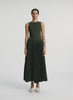 video  view of woman wearing olive green tank with olive green pleated midi skirt