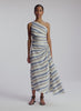 video view of woman wearing one shoulder striped midi dress