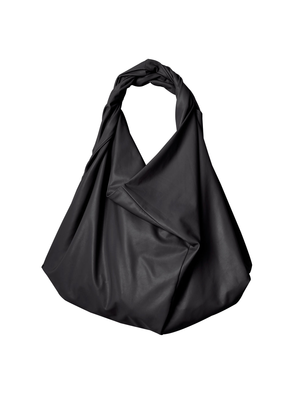 flat lay view of black vegan leather medium length top handle bag with medium sized rectangular base
