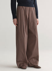 Person wearing brown pleated pants on a white background