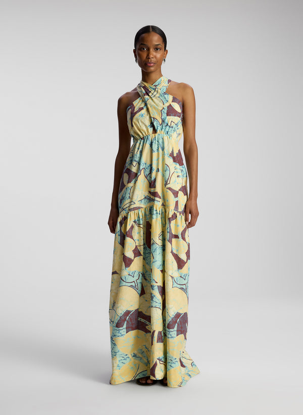front view of woman wearing printed maxi dress