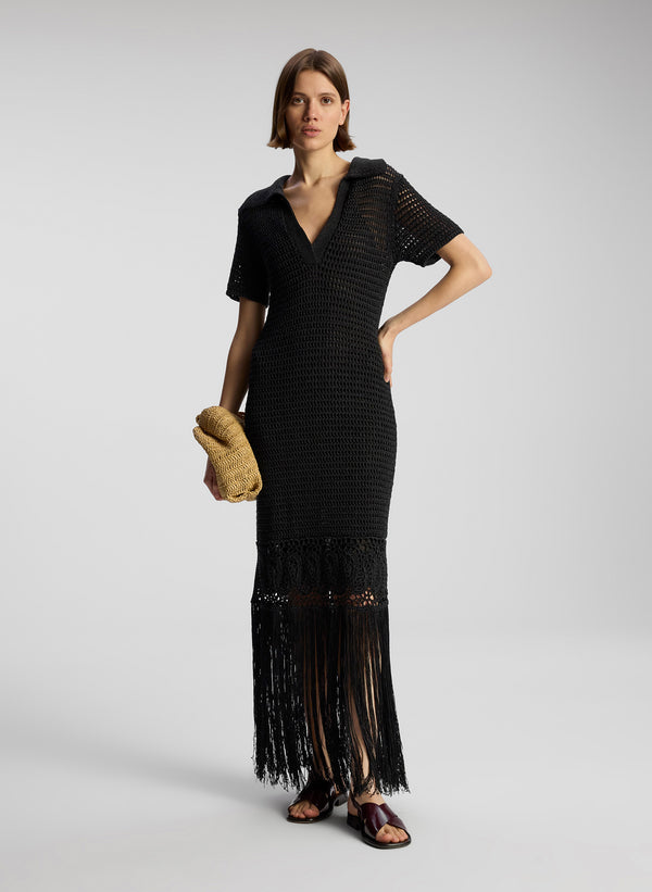 front view of woman wearing black crochet cover up maxi dress
