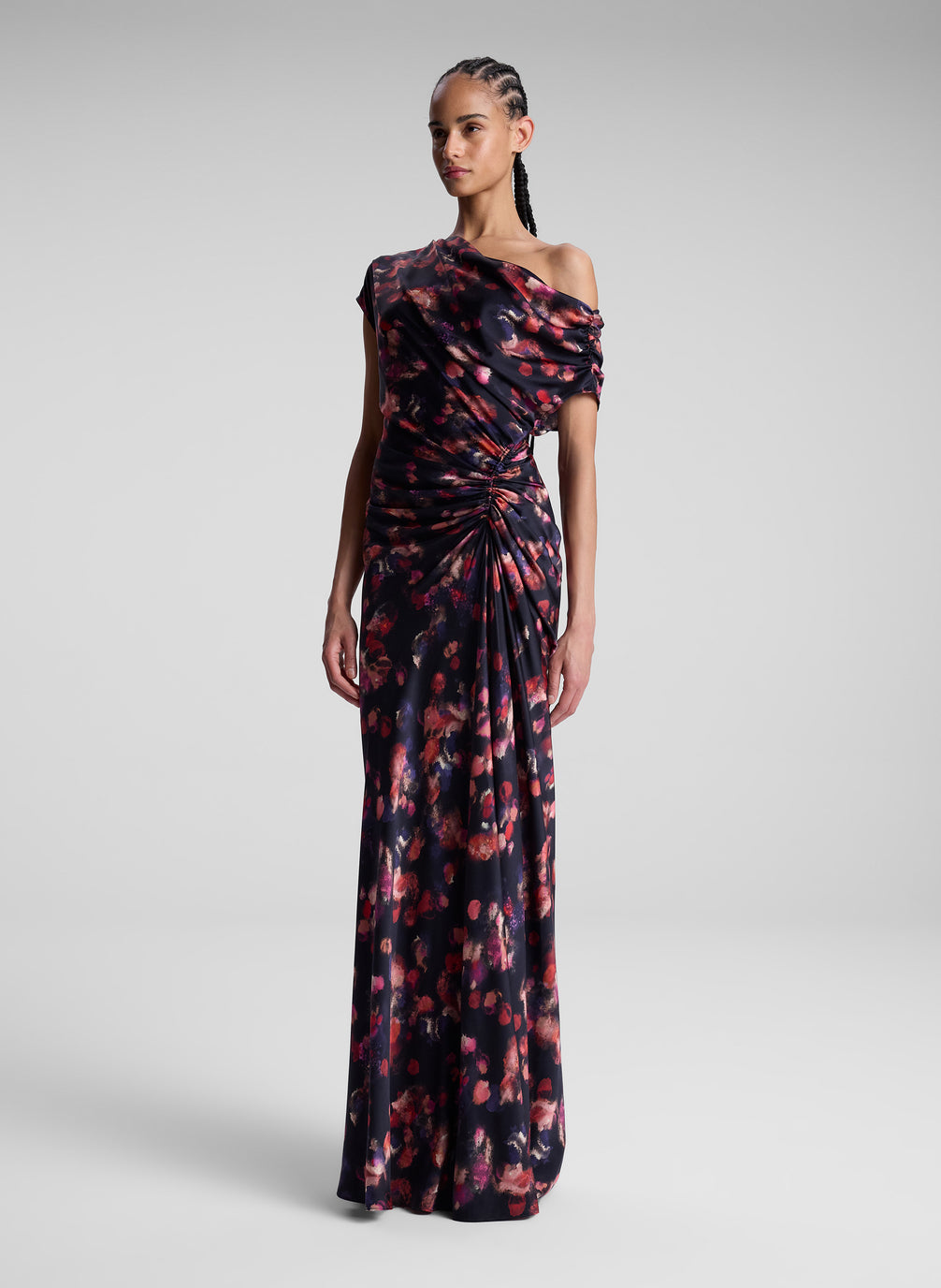 woman wearing navy blue printed gown