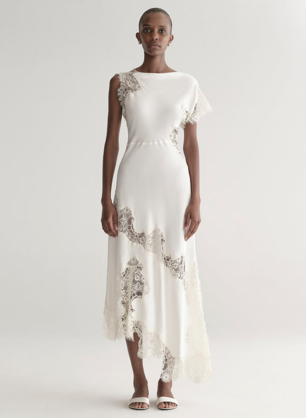 woman wearing white satin and lace dress