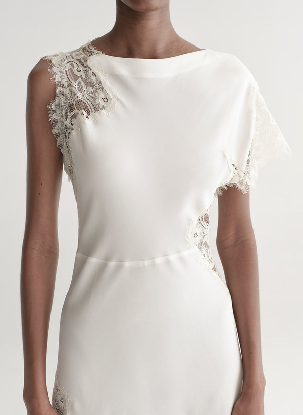 woman wearing white satin and lace dress