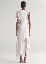 woman wearing white satin and lace dress