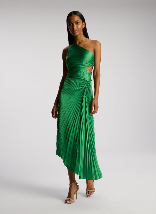 front view of woman wearing green pleated one shoulder dress