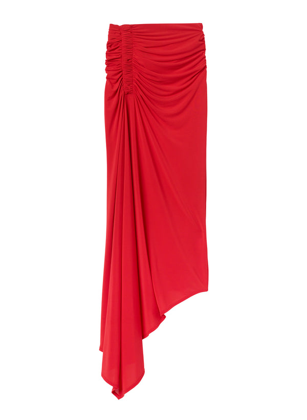 flatlay of red skirt