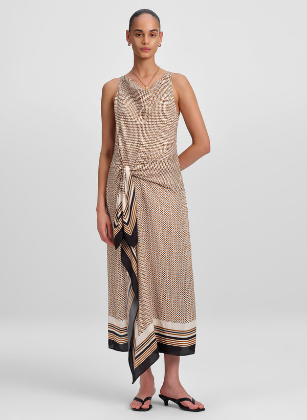 woman wearing scarf print midi dress