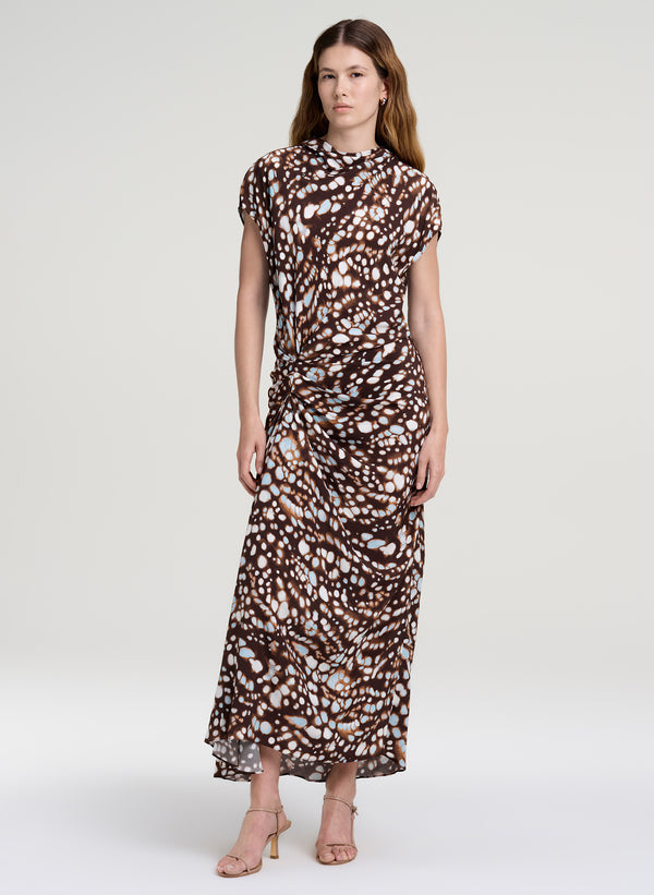 woman wearing brown print high neck midi dress