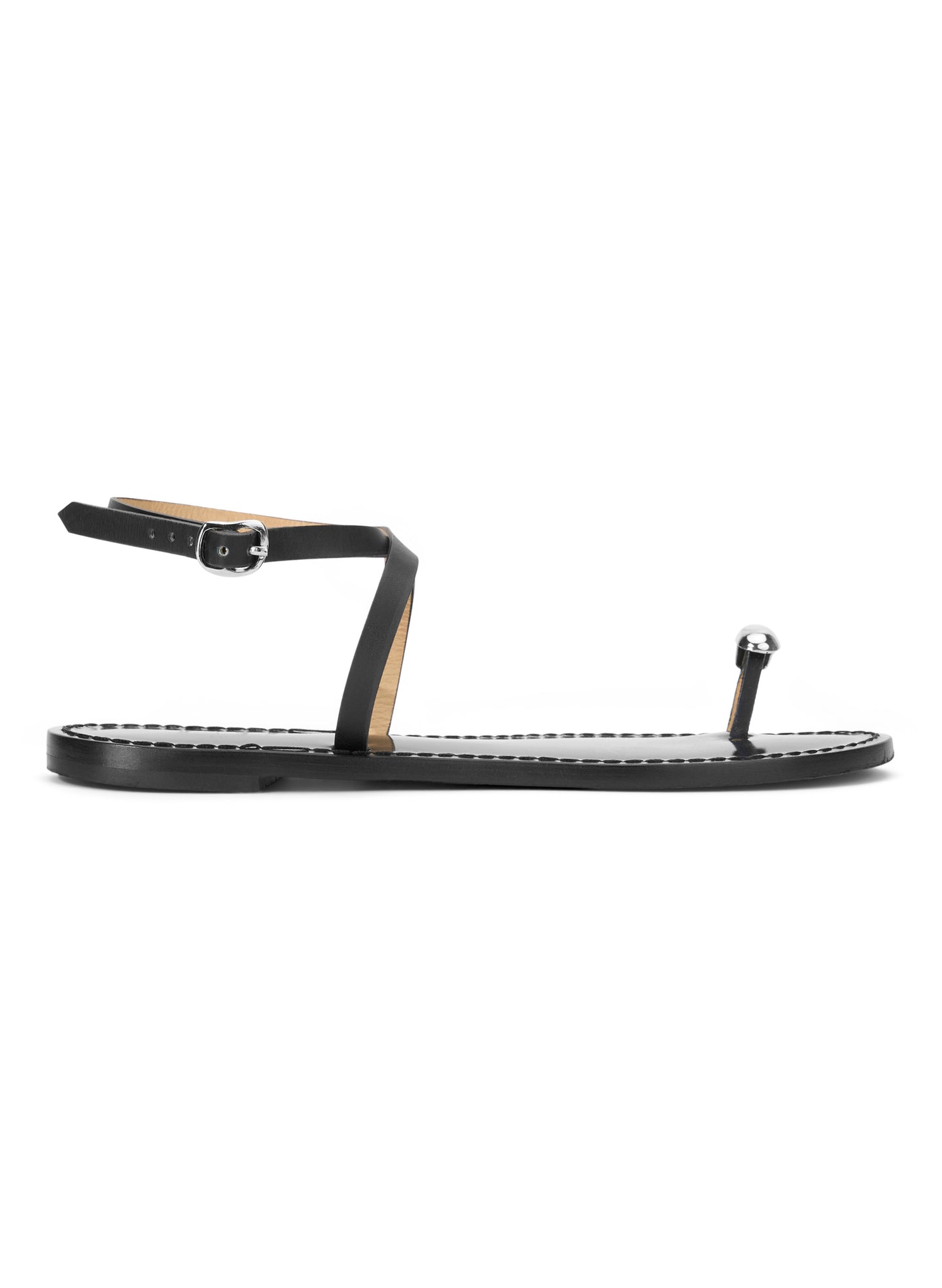 black sandal with silvertone toe embellishment