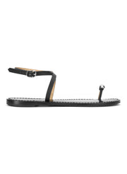 black sandal with silvertone toe embellishment