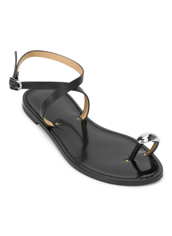 black sandal with silvertone toe embellishment