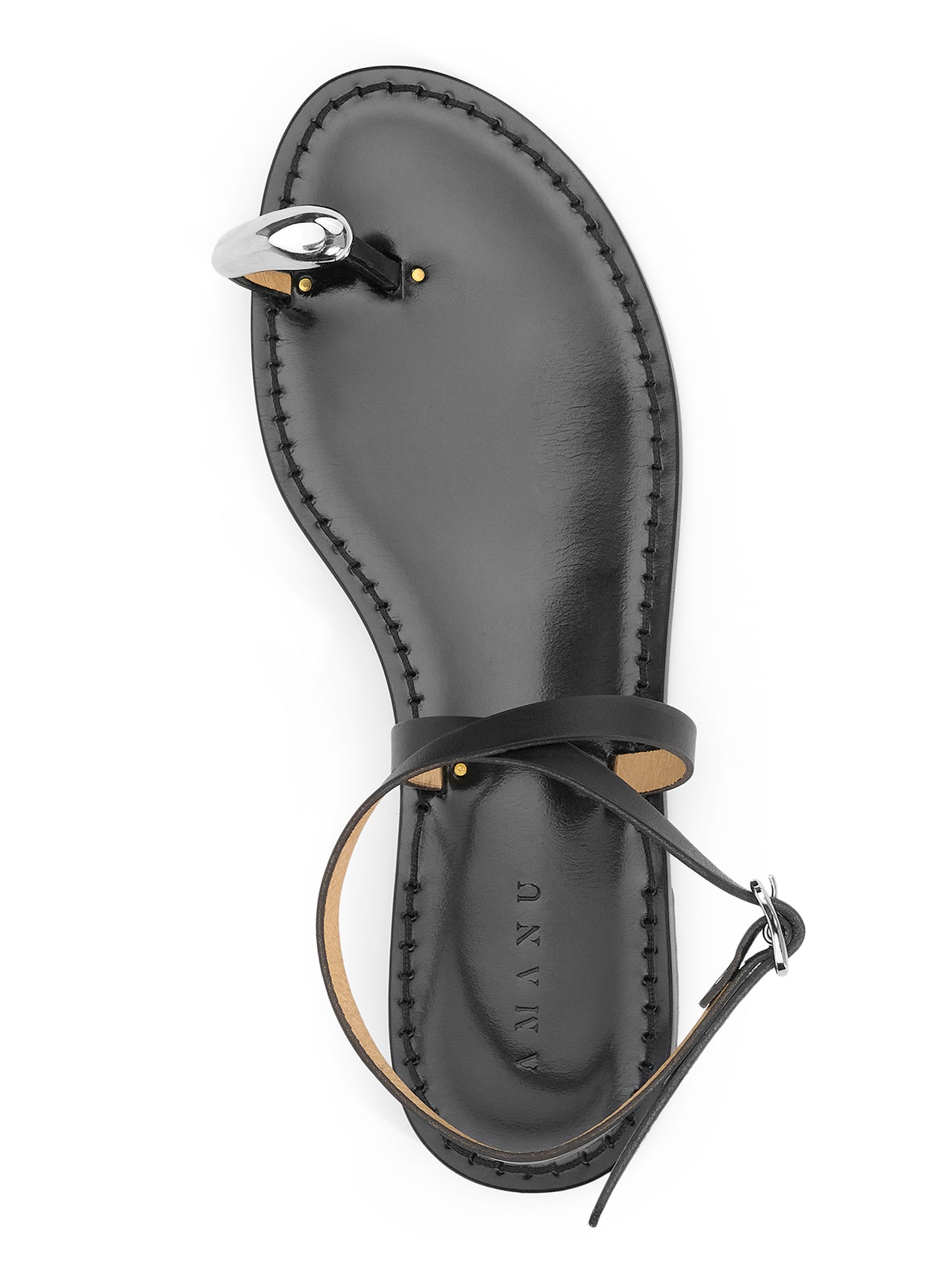 black sandal with silvertone toe embellishment