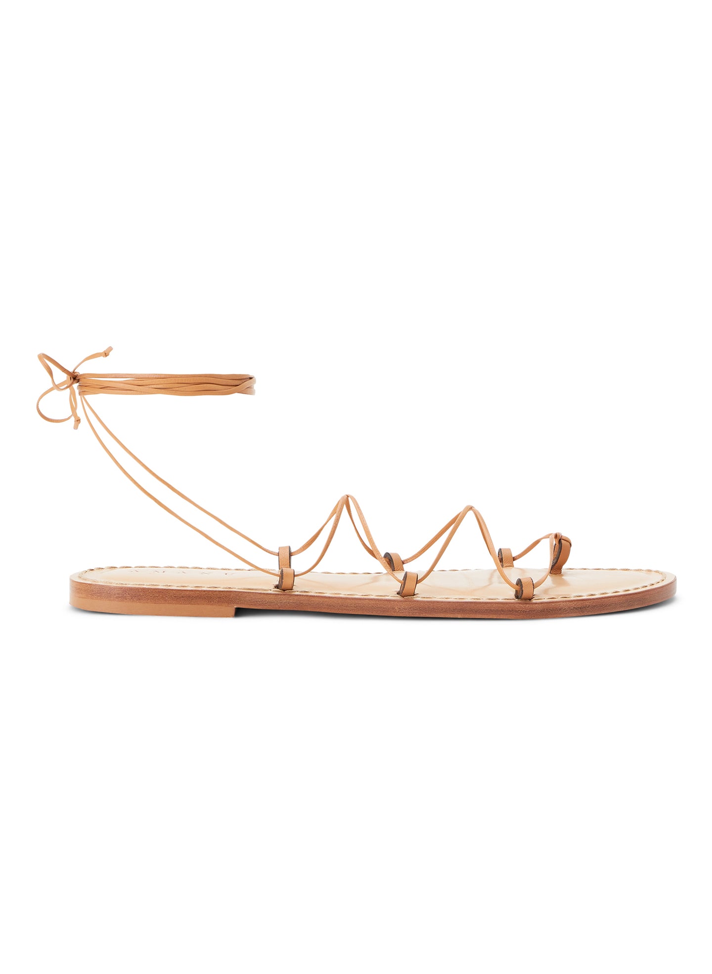 side view of a tan sandal with tan wrap strings