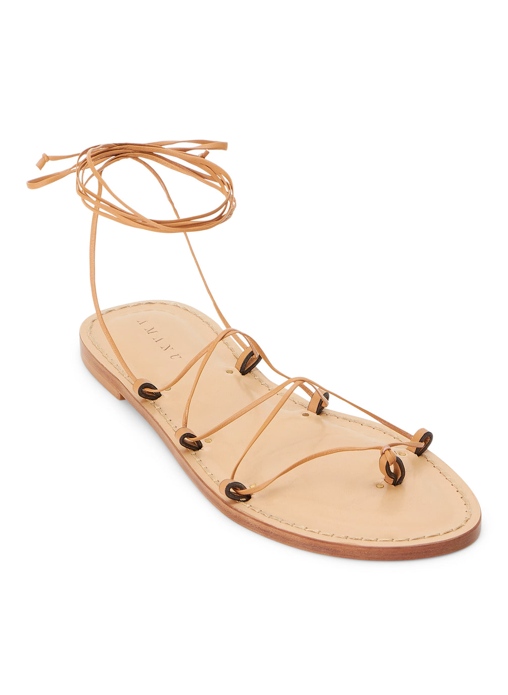 front view of a tan sandal with tan wrap strings