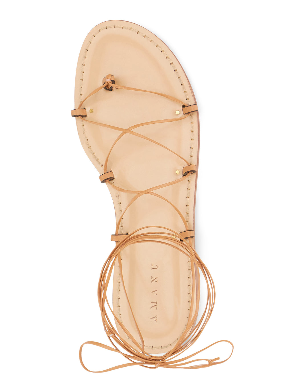 top view of a tan sandal with tan wrap strings