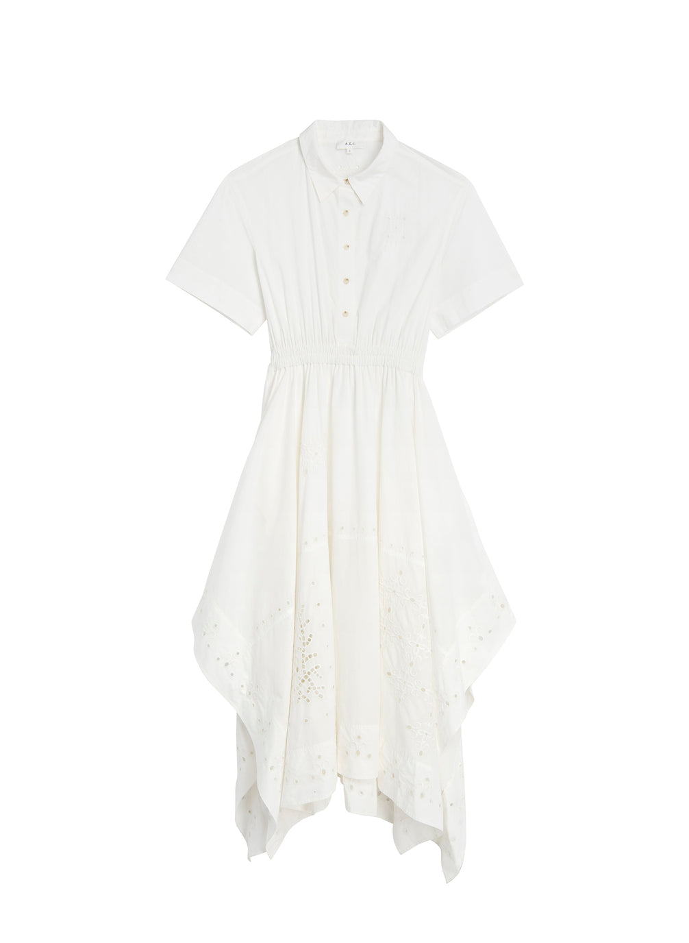 flatlay of white embroidered short sleeve maxi dress