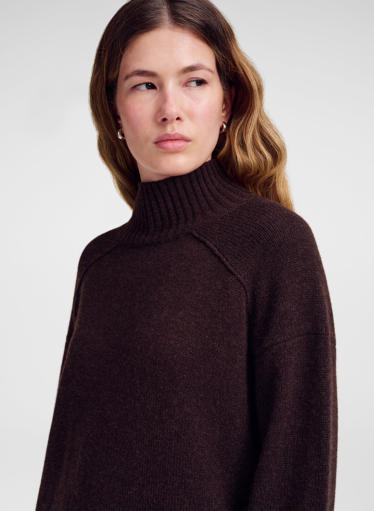A woman wearing a dark brown ribbed turtleneck sweater, shown from the chest up against a light gray studio background.