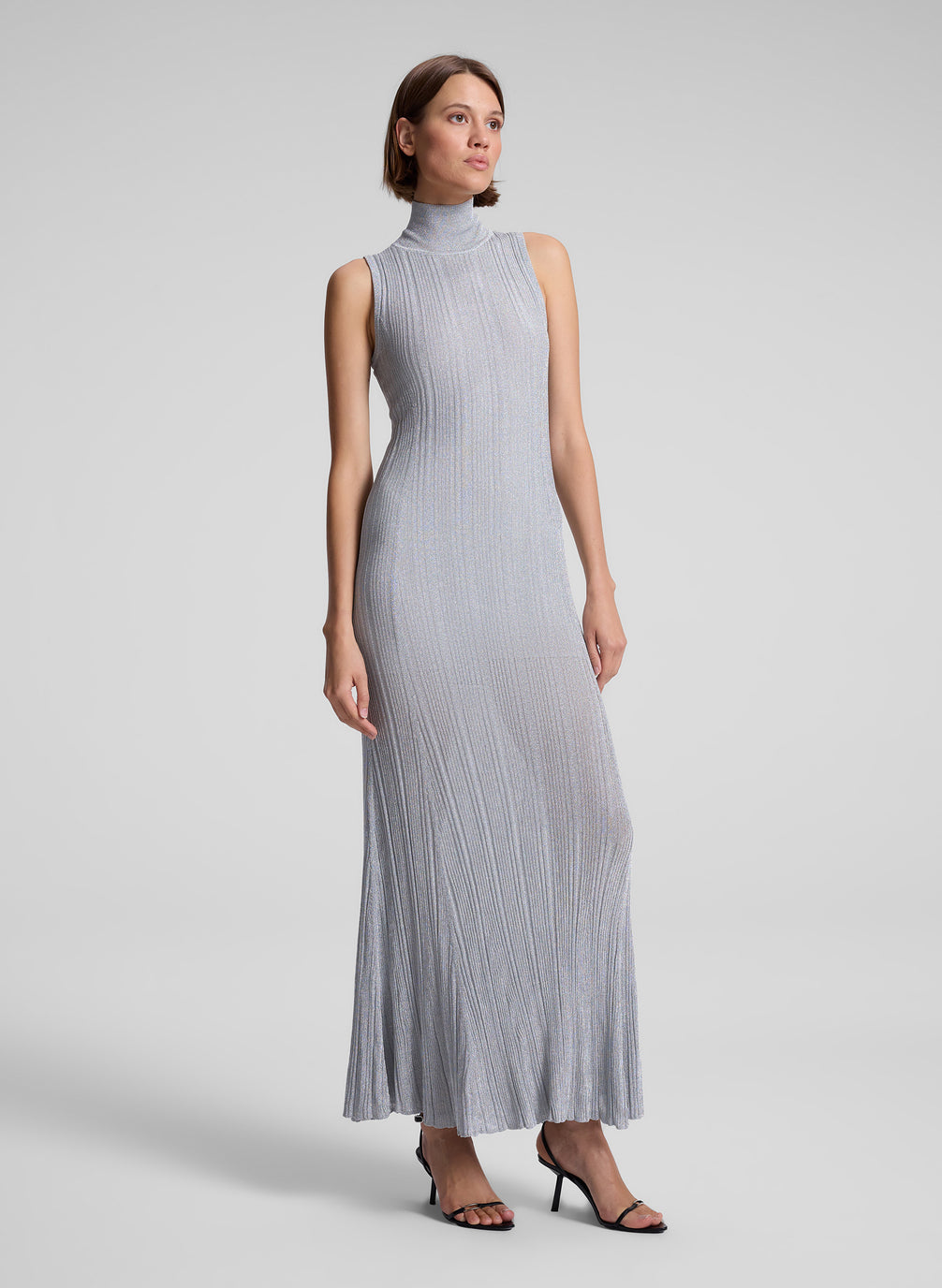 woman wearing silver sleeveless turtleneck maxi dress