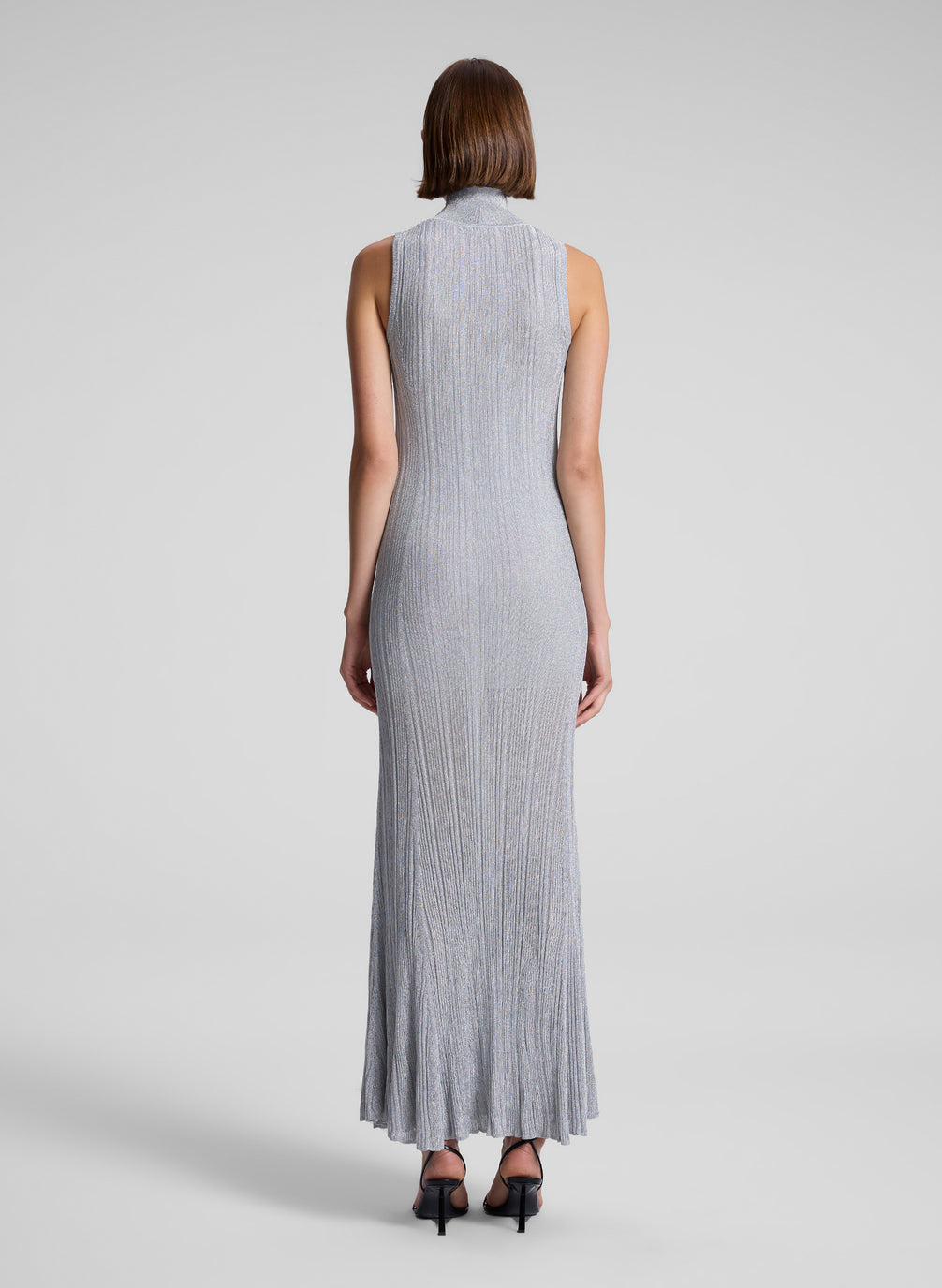 woman wearing silver sleeveless turtleneck maxi dress