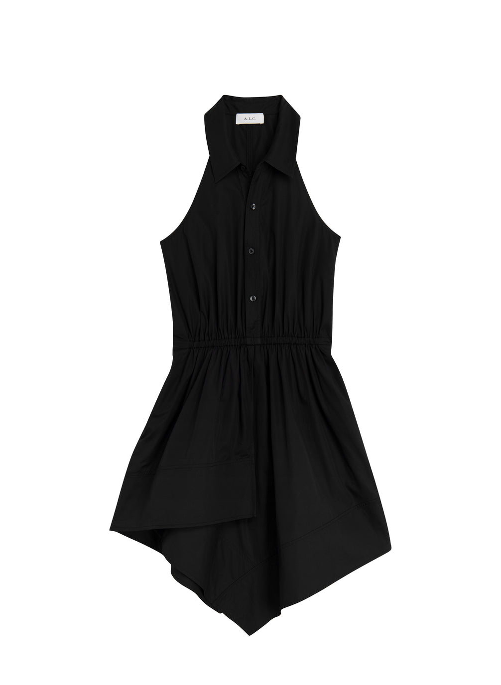 flatlay of black sleeveless collared mini dress