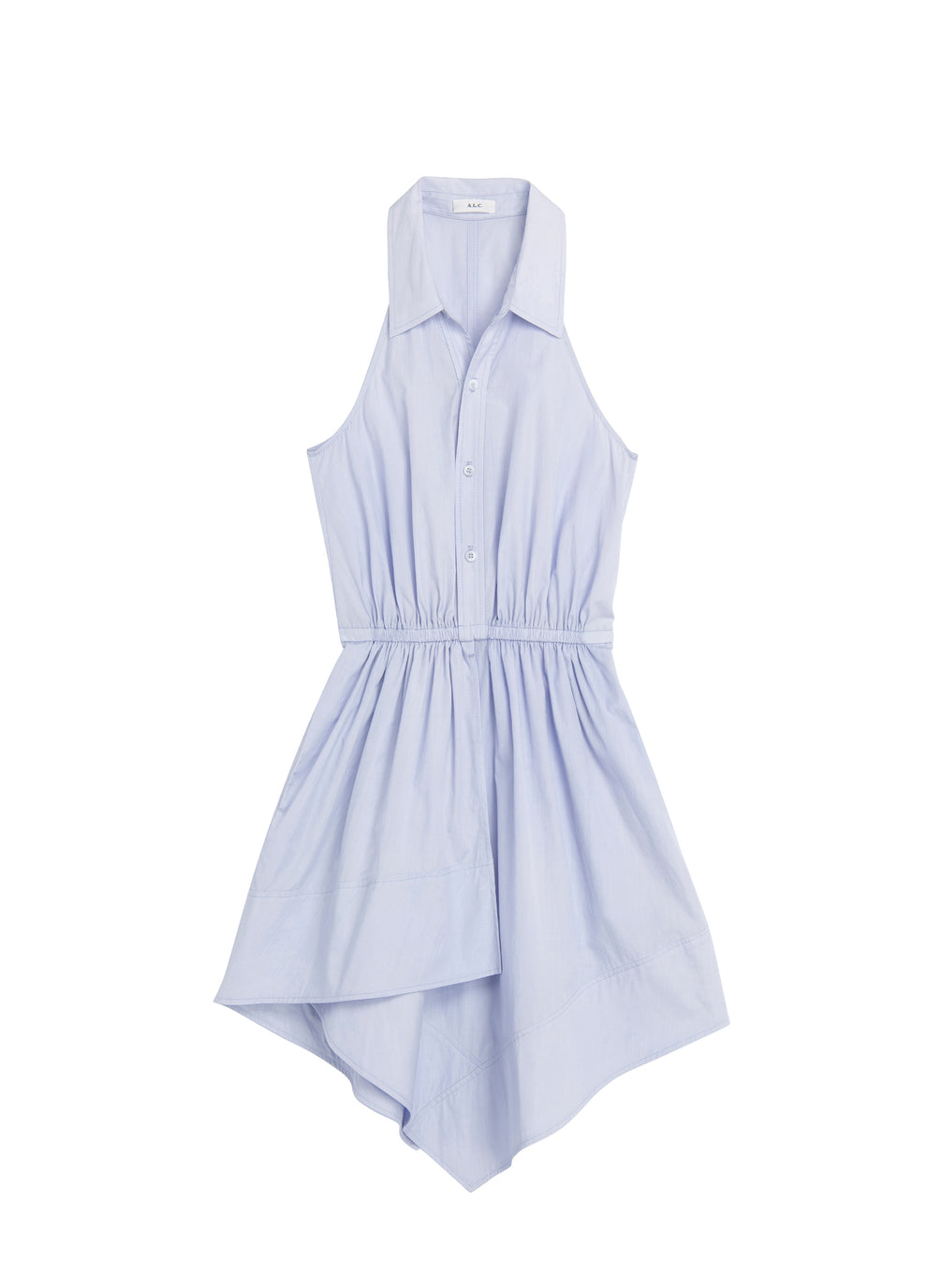 flatlay of light blue sleeveless collared mini dress