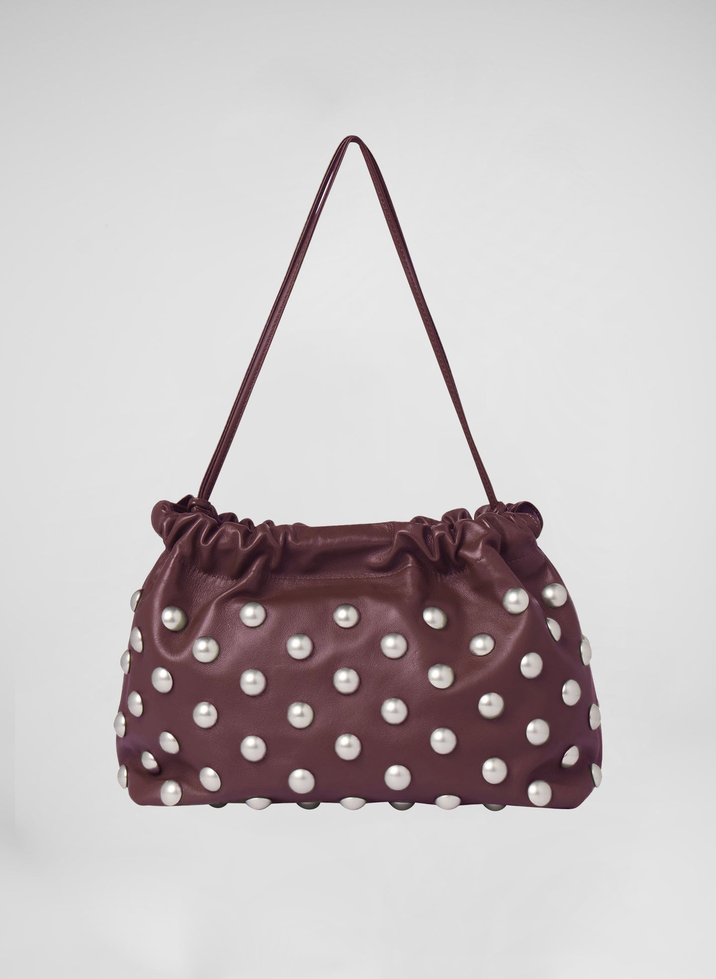 purple studded leather shoulder bag