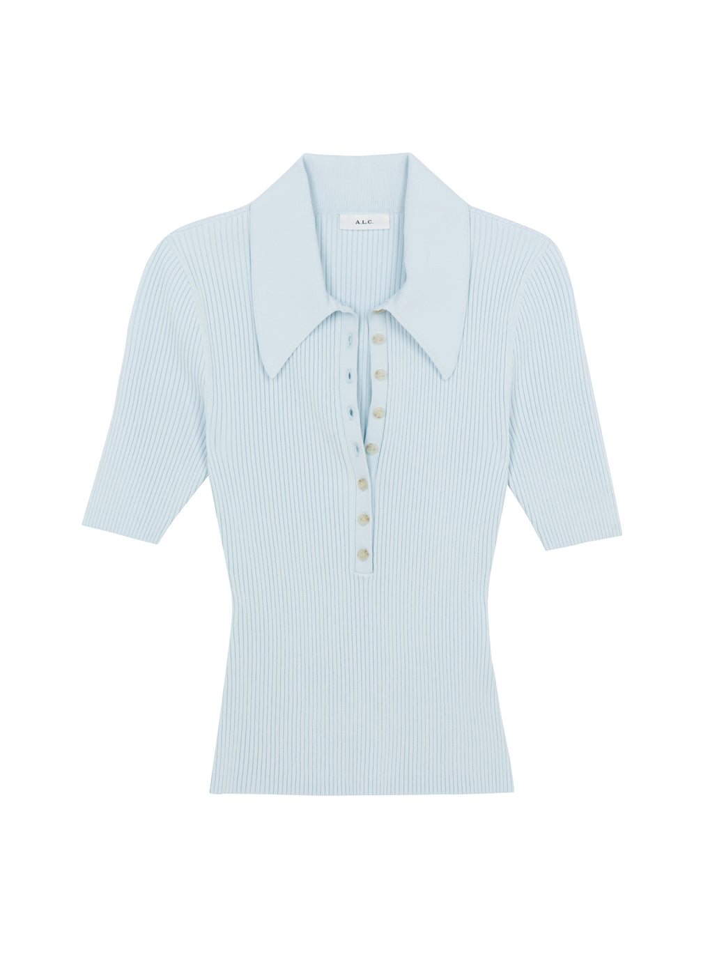flatlay of light blue short sleeve collared knit top
