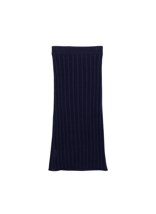flatlay of navy blue woven midi skirt