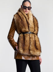 woman wearing faux fur scarf with belt and jacket