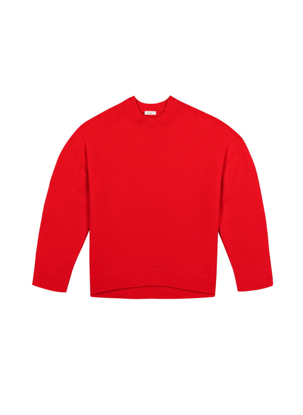 flat lay view of red cashmere long sleeve sweater