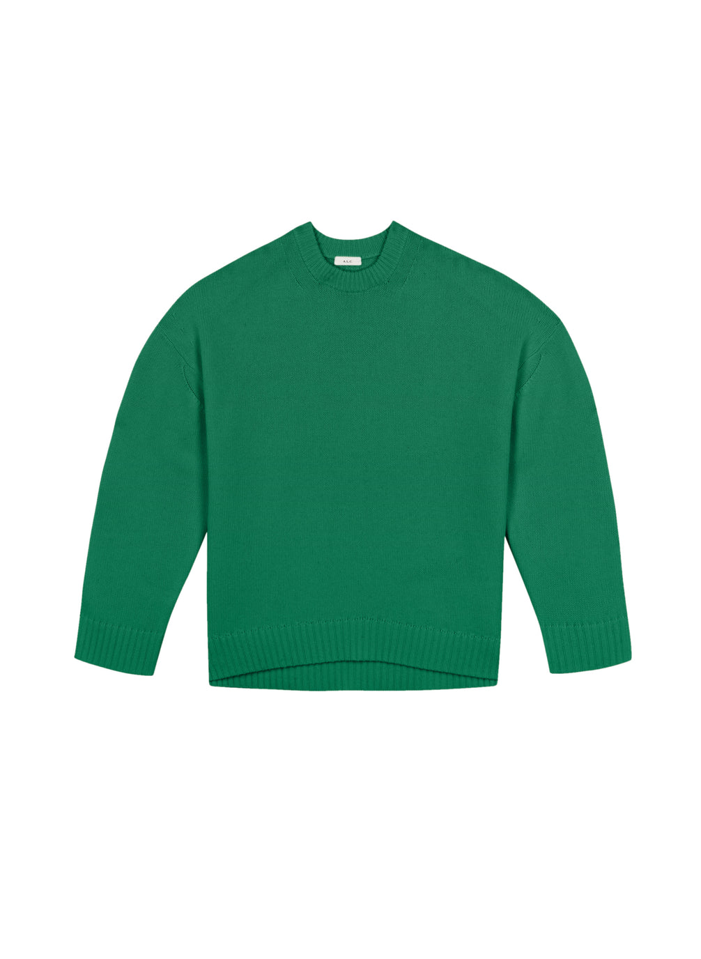 flat lay view of  green cashmere long sleeve sweater