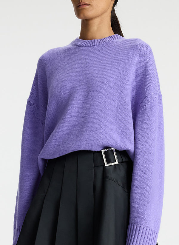 detail view of woman wearing light purple cashmere long sleeve sweater