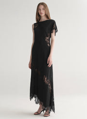Black lace dress worn by a model on a white background