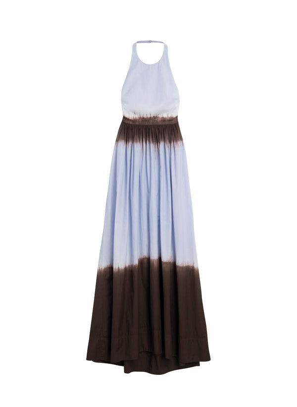 flatlay of light blue and brown dip dyed maxi dress