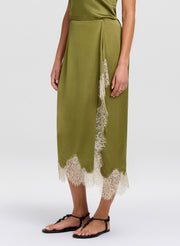 Green skirt with lace trim on a white background
