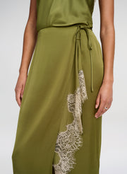 Green skirt with lace detail on a white background