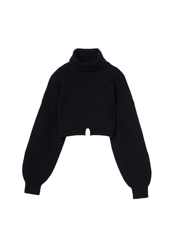 flat lay view of black long sleeve turtleneck wool sweater in cropped length with small split in the front hemline 